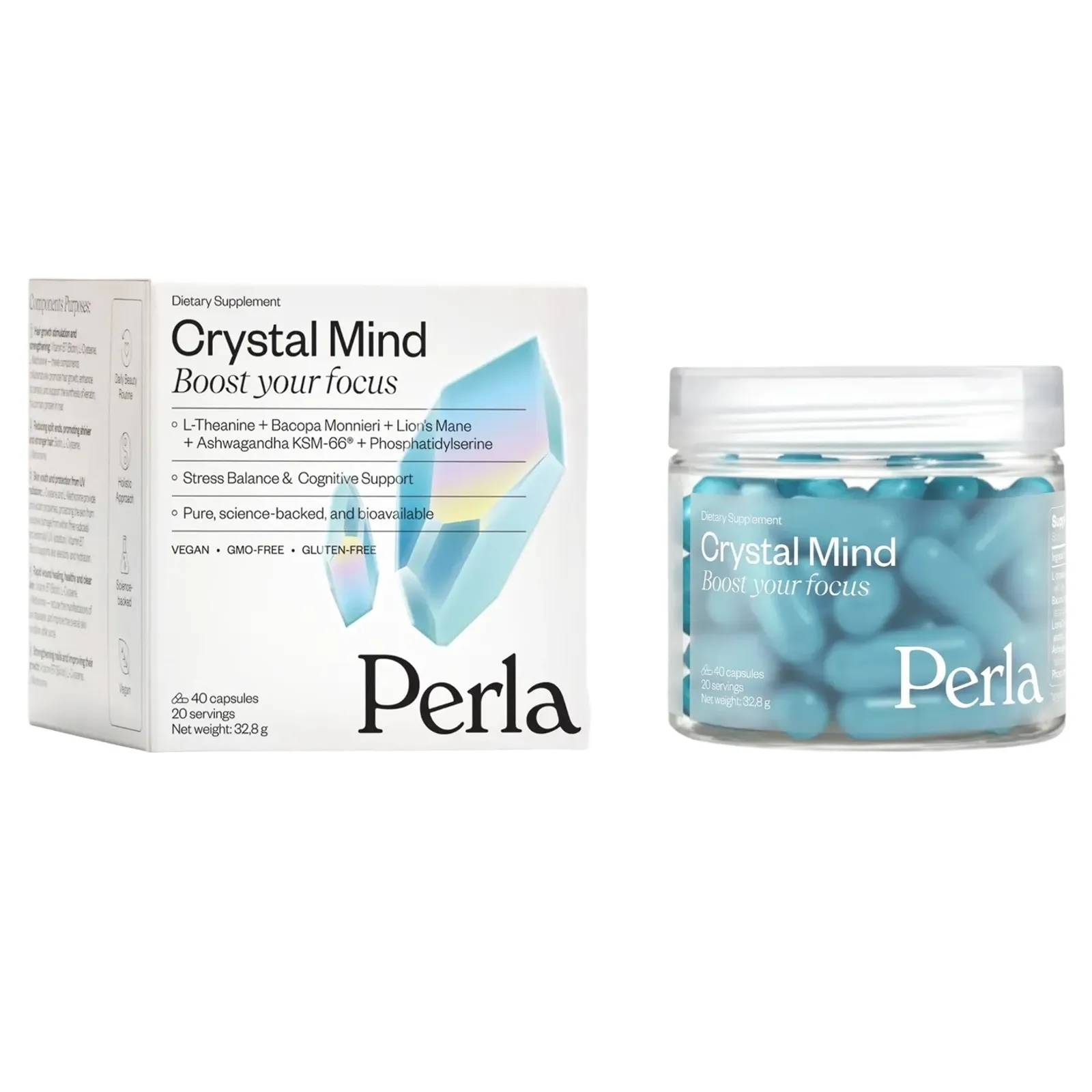 Харчова добавка для фокусу, памʼяті та стресостійкості Perla Helsa Crystal Mind, 40 капсул - 